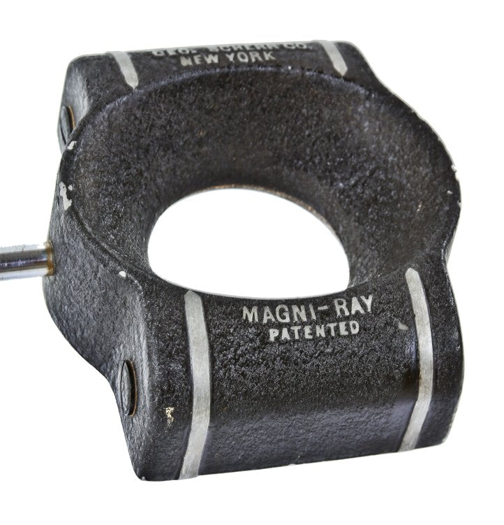 all original and completely intact c. 1940's american industrial streamlined style "magni-ray" weighted workbench illuminated magnifier with in-line switch