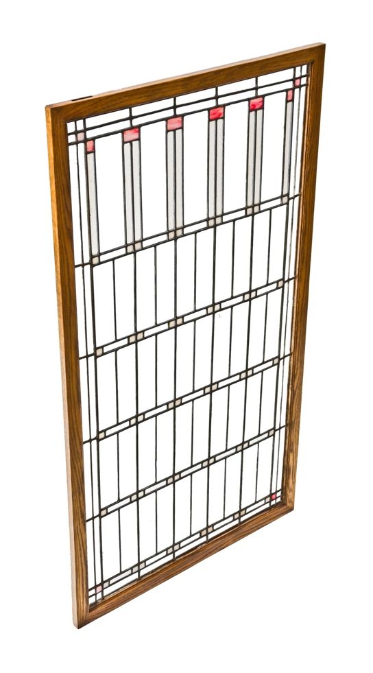 early 20th century historically-important frank lloyd-wright designed oversized william e. fricke house leaded art glass window with custom-built oak wood frame