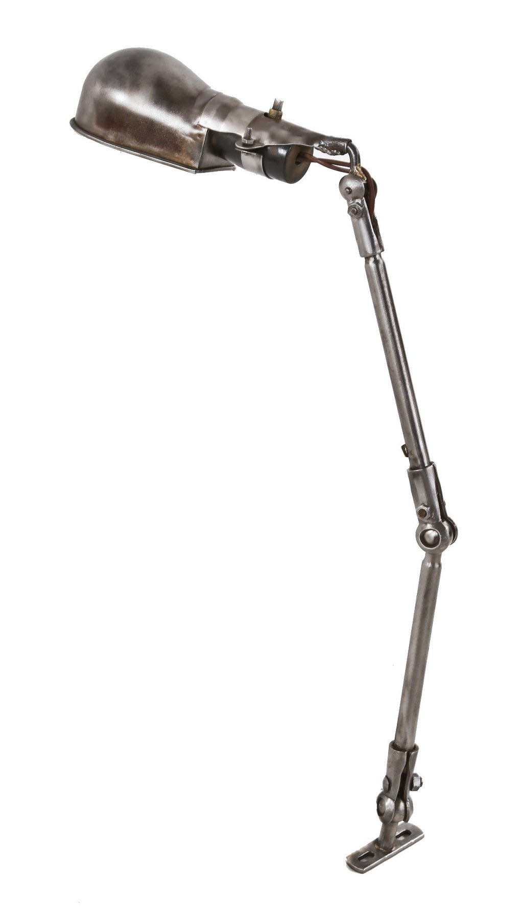 original american industrial triple-jointed fully adjustable pressed and folded steel "fostoria" table lamp with intact slim helmet shade or reflector