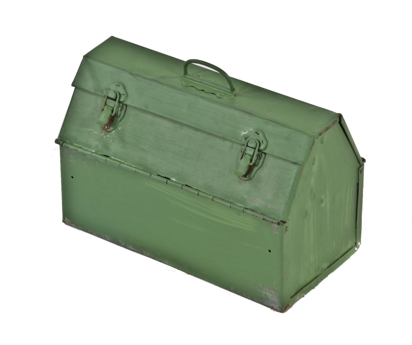 "factory green" painted pressed and folded steel portable american industrial workman toolbox with unique pyramidal-shaped top containing a drop handle and two clasps