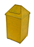 early 1930's antique american industrial chicago twine factory pressed and folded steel "self-closing" oversized yellow painted trash can with pyramidal-shaped top