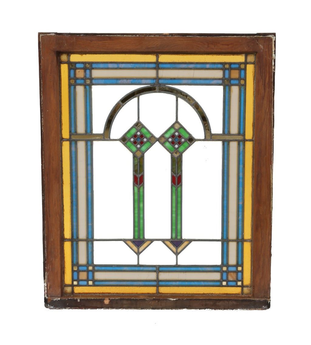 intensely colored c. 1920's all original and well-maintained america made lead art glass double hung sash window with abstract geometric design motifs