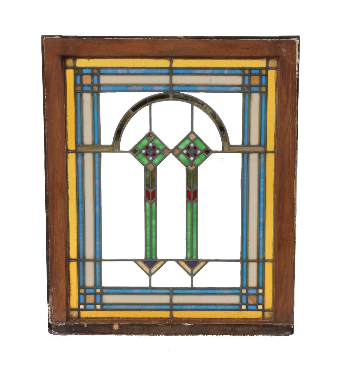 intensely colored c. 1920's all original and well-maintained america made lead art glass double hung sash window with abstract geometric design motifs
