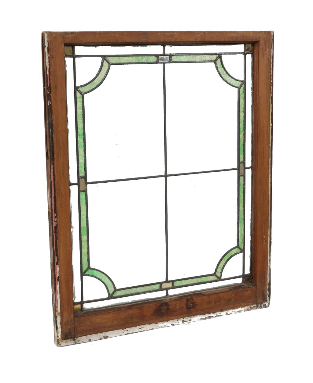 original c. 1920's american antique interior residential craftsman style leaded art glass window with original varnished sash frame intact