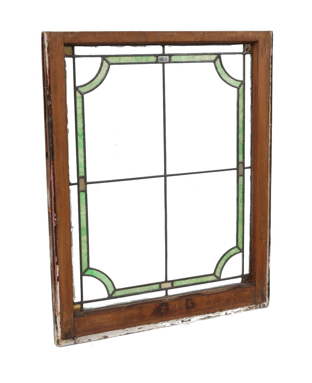 original c. 1920's american antique interior residential craftsman style leaded art glass window with original varnished sash frame intact