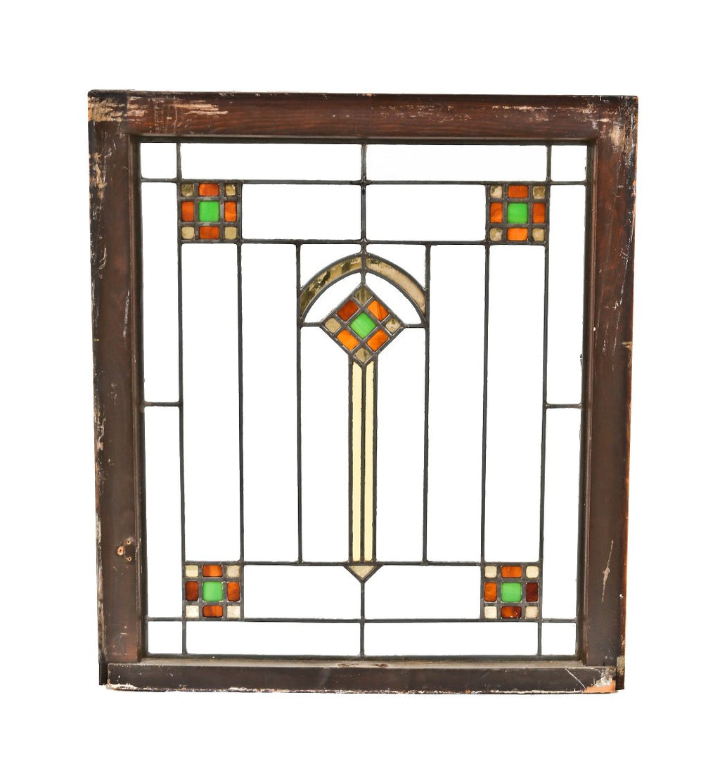 original early 1920's prairie school style interior residential leaded art glass window featuring a centrally located segmented diamond with gold "flash" glass