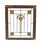original early 1920's prairie school style interior residential leaded art glass window featuring a centrally located segmented diamond with gold "flash" glass