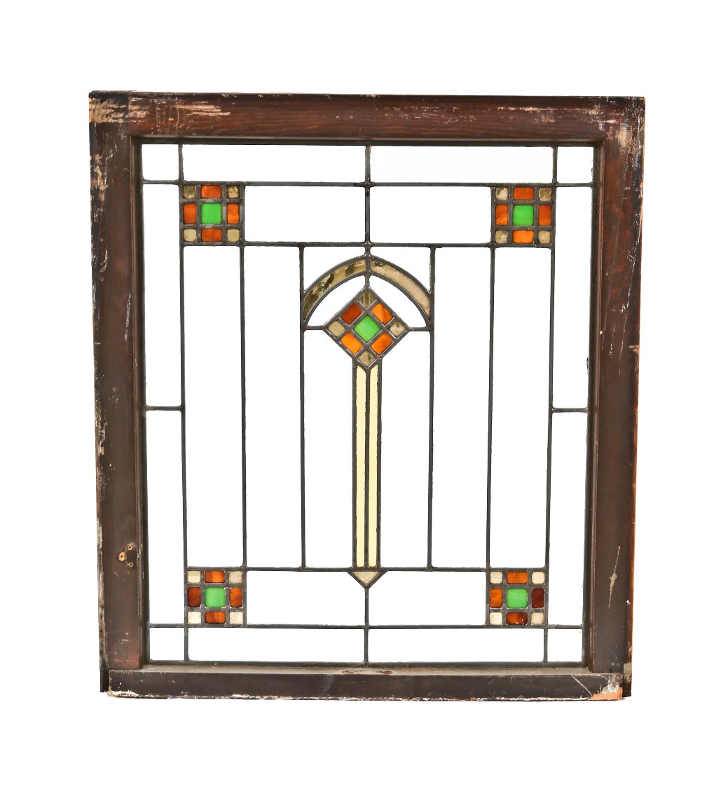 original early 1920's prairie school style interior residential leaded art glass window featuring a centrally located segmented diamond with gold "flash" glass