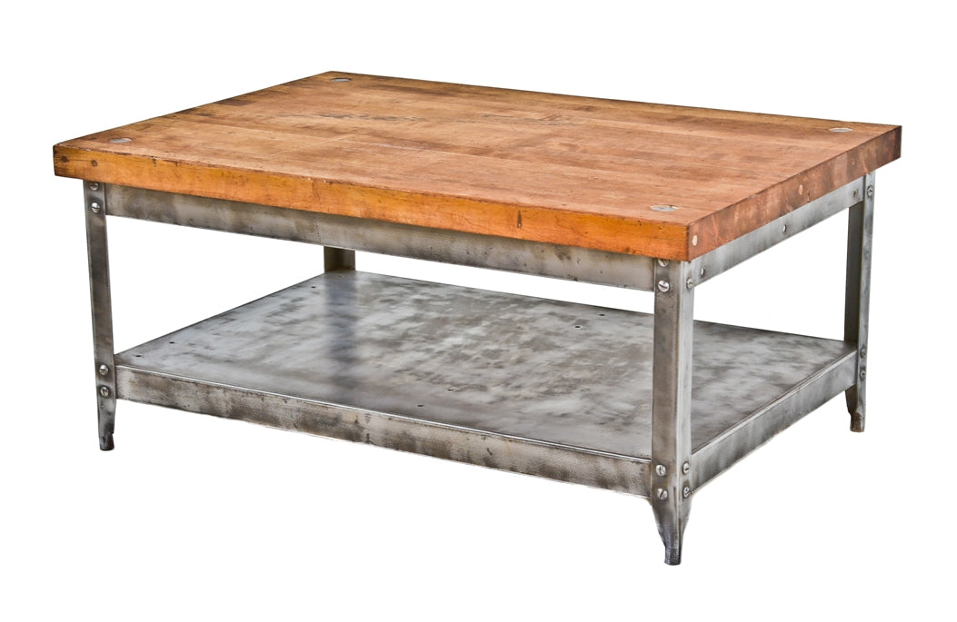 very desirable repurposed american vintage industrial low-lying stationary coffee table with refinished solid maple wood table top and undershelf