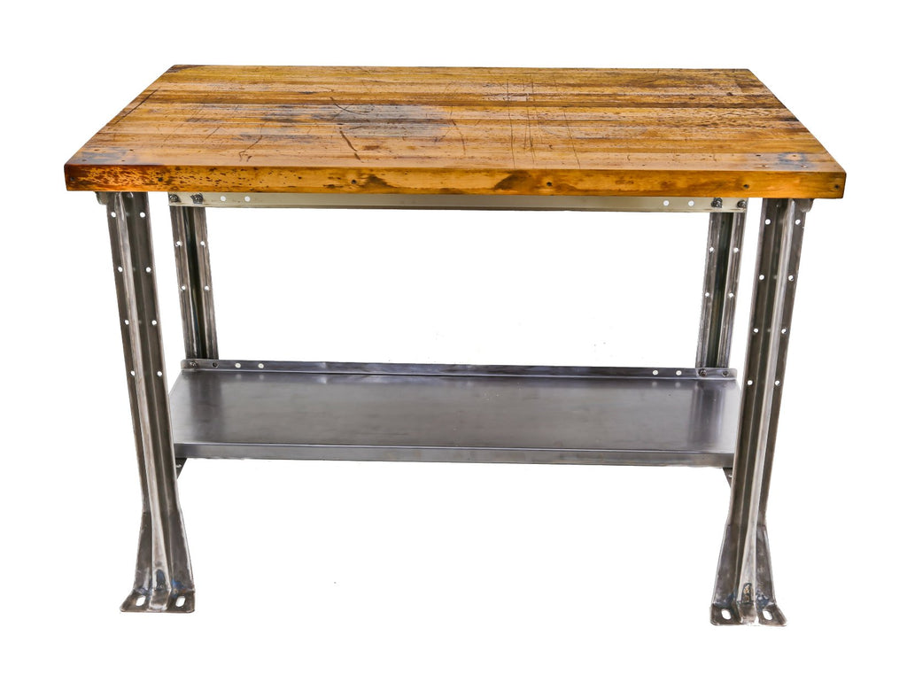 vintage industrial chicago commercial building basement engineering department "lyon" refinished maple wood american workbench with pressed and folded channeled steel legs