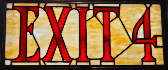 unusually large all original and completely intact c. 1922 hinged and framed norva theater or movie palace interior auditorium "exit 4" leaded stained glass panel
