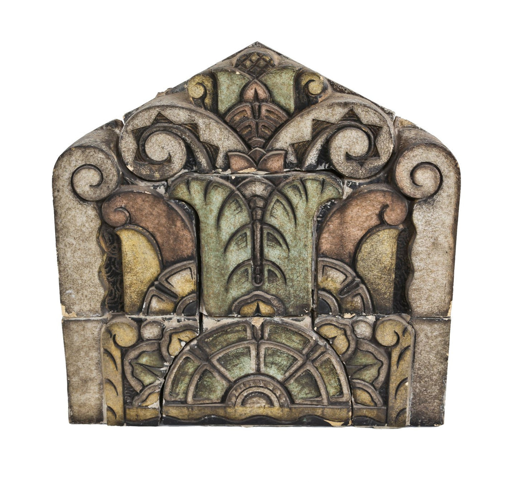 massive original and one of a kind museum quality "roaring twenties" art deco style richman brothers exterior polychrome enameled centrally located terra cotta cornice panel
