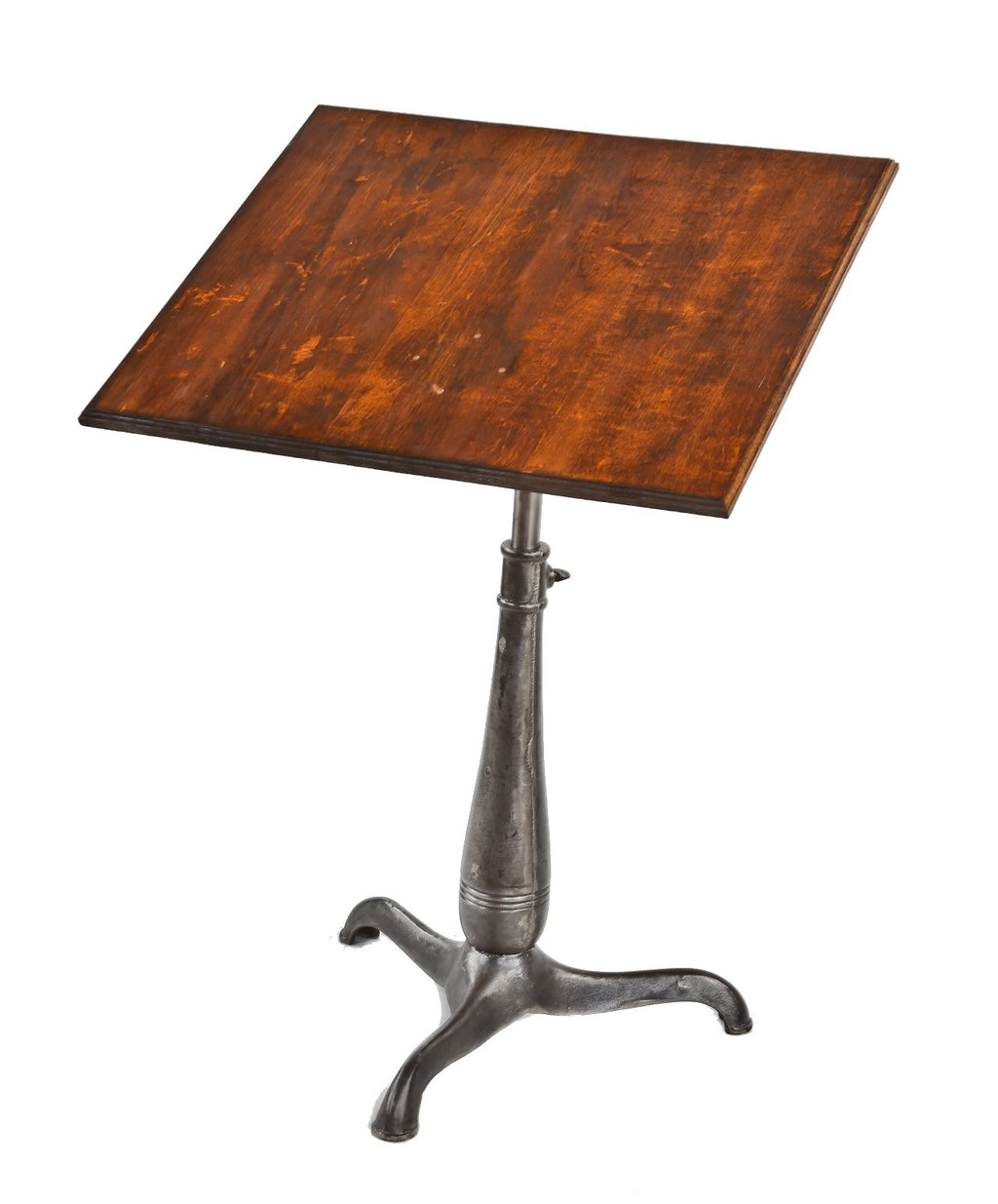 thoroughly cleaned and refinished c. 1900's antique american industrial three-legged stationary drafting room table with beveled edge stained birch wood drawing board