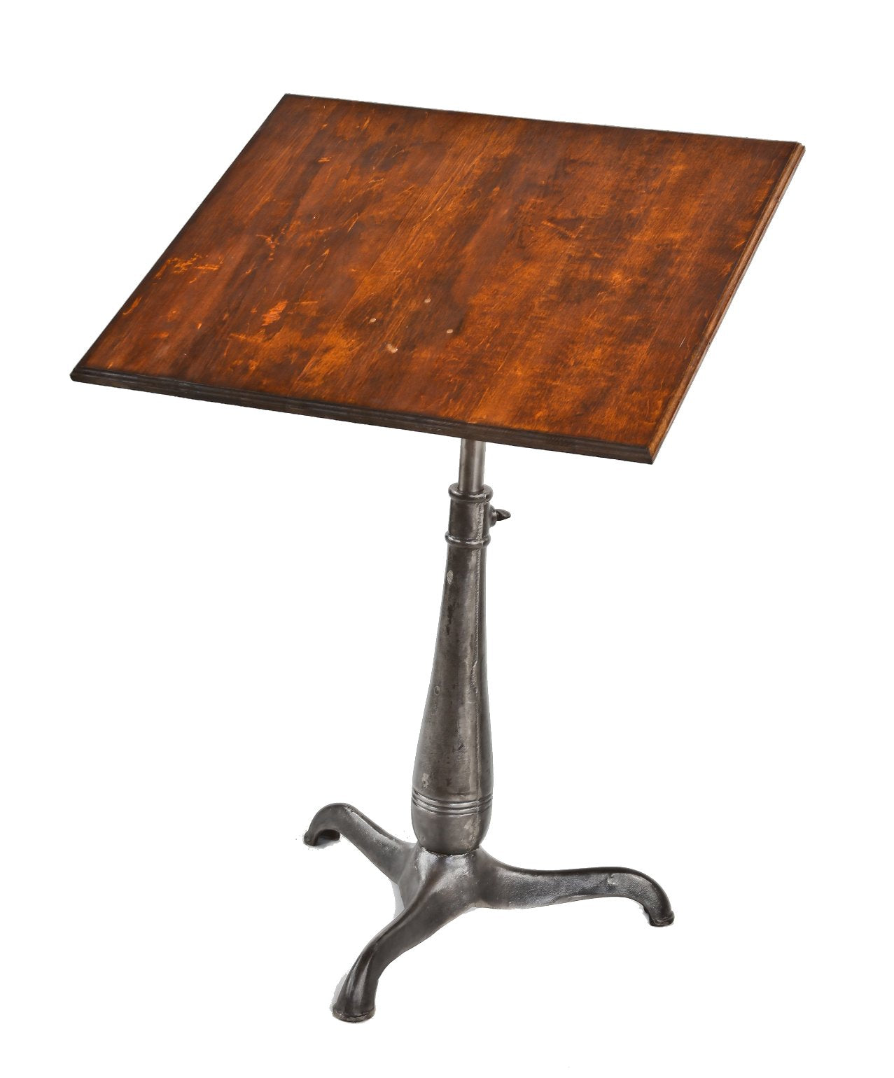 thoroughly cleaned and refinished c. 1900's antique american industrial three-legged stationary drafting room table with beveled edge stained birch wood drawing board