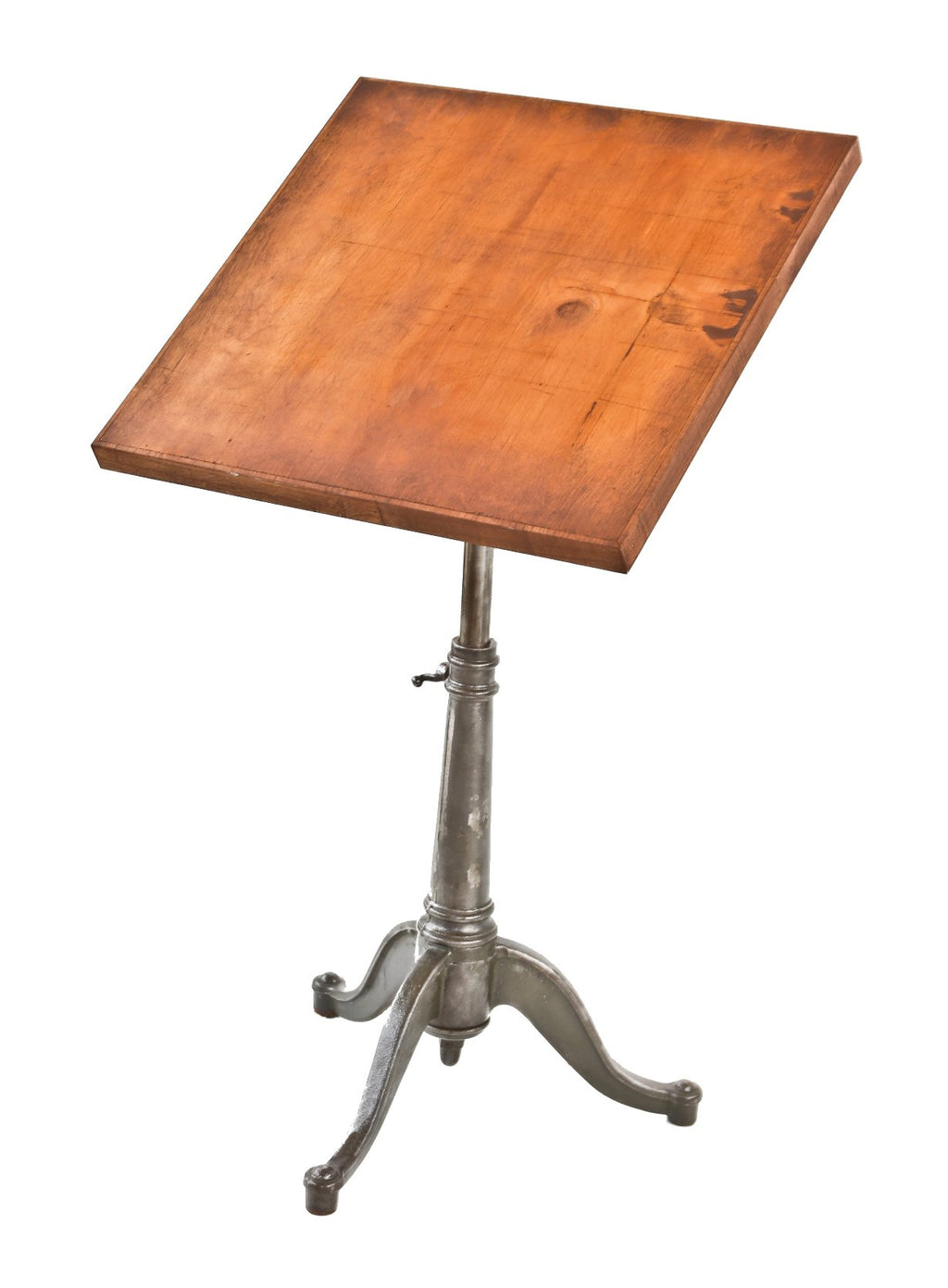 fully adjustable late 19th or early 20th century original three-legged cabriole style cast iron drafting room stationary drawing table with original downsized pine wood top