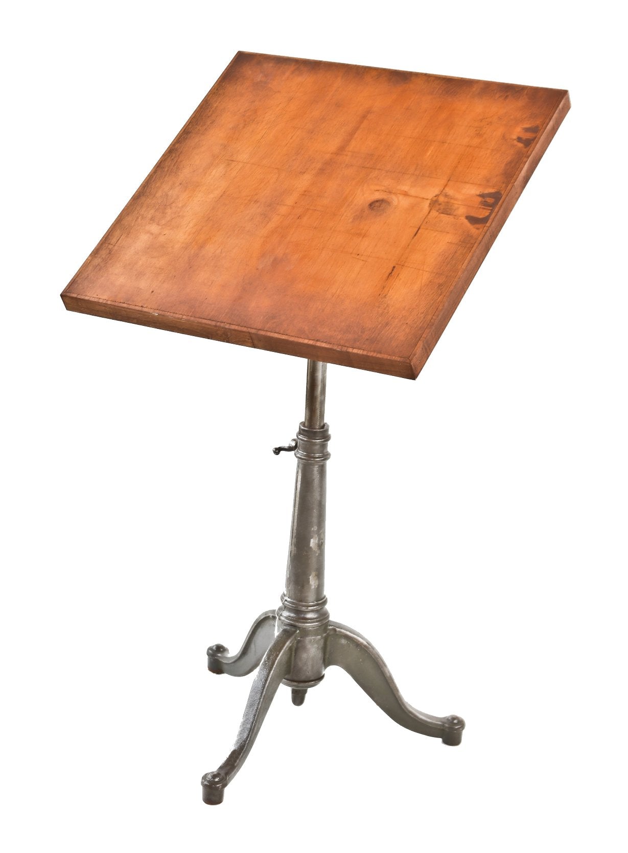 fully adjustable late 19th or early 20th century original three-legged cabriole style cast iron drafting room stationary drawing table with original downsized pine wood top