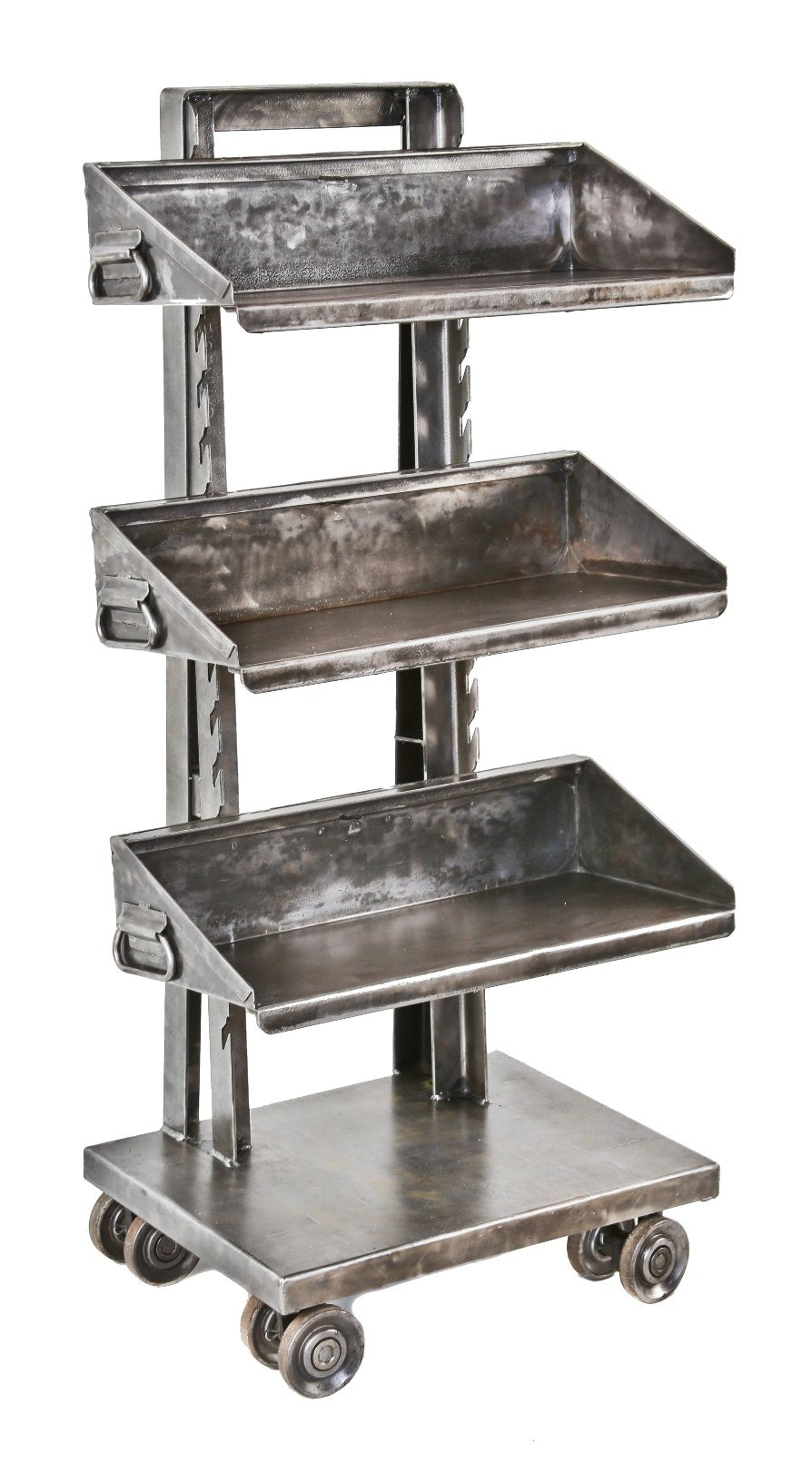 hard to find c. 1940's all original and compact freestanding cantilevered factory machine shop adjustable shelving unit with double-wheel swivel trucks