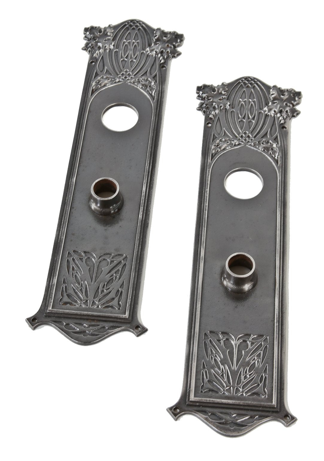 two matching original historically important early 1890's interior ornamental cast iron union trust building commercial door louis h. sullivan-designed backplates or escutcheons