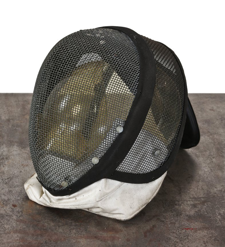 original and completely intact vintage american industrial steel wire mesh fencing mask with interior eye shield and padded neck guard