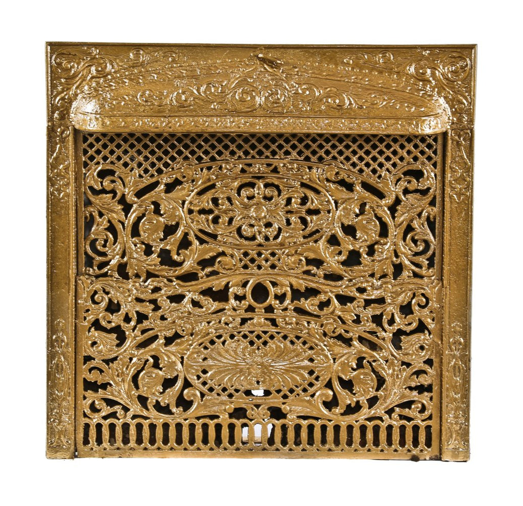 late 19th century all original and intact metallic gold enameled interior residential hooded fireplace gas insert or grille with detachable summer cover