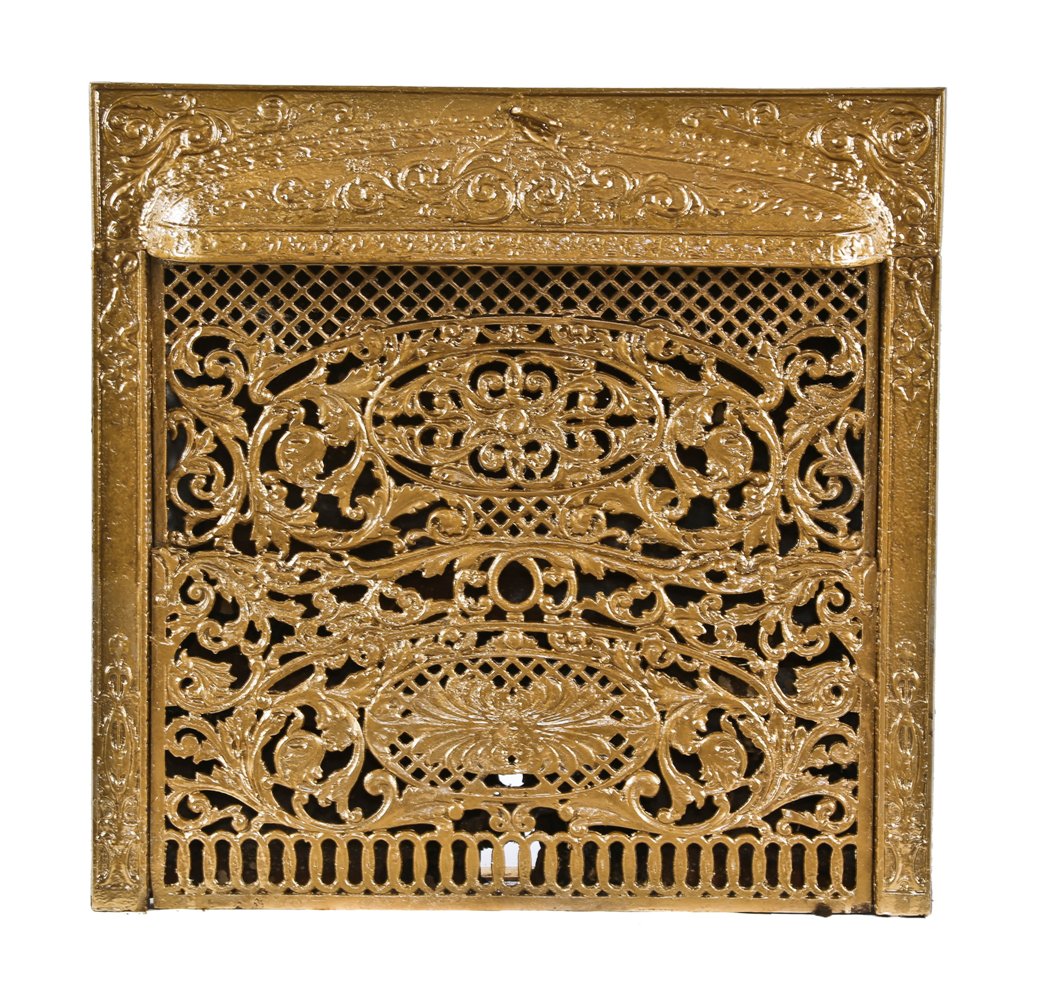 late 19th century all original and intact metallic gold enameled interior residential hooded fireplace gas insert or grille with detachable summer cover