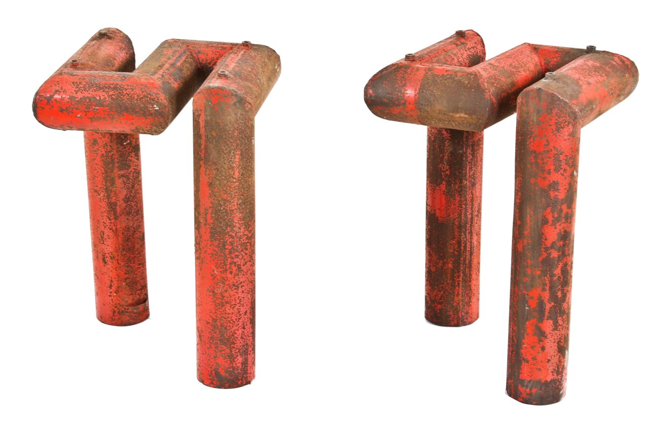 two matching original american industrial early 20th century distressed red painted welded joint steam boiler return pipe repurposed table bases