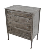 completely intact and functional american depression-era heavy gauge pressed and folded steel multi-drawer simmons dresser cabinet with tapered and turned legs with casters