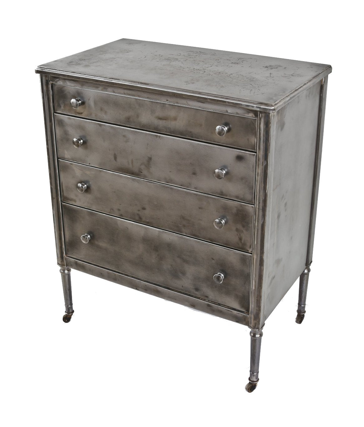 completely intact and functional american depression-era heavy gauge pressed and folded steel multi-drawer simmons dresser cabinet with tapered and turned legs with casters