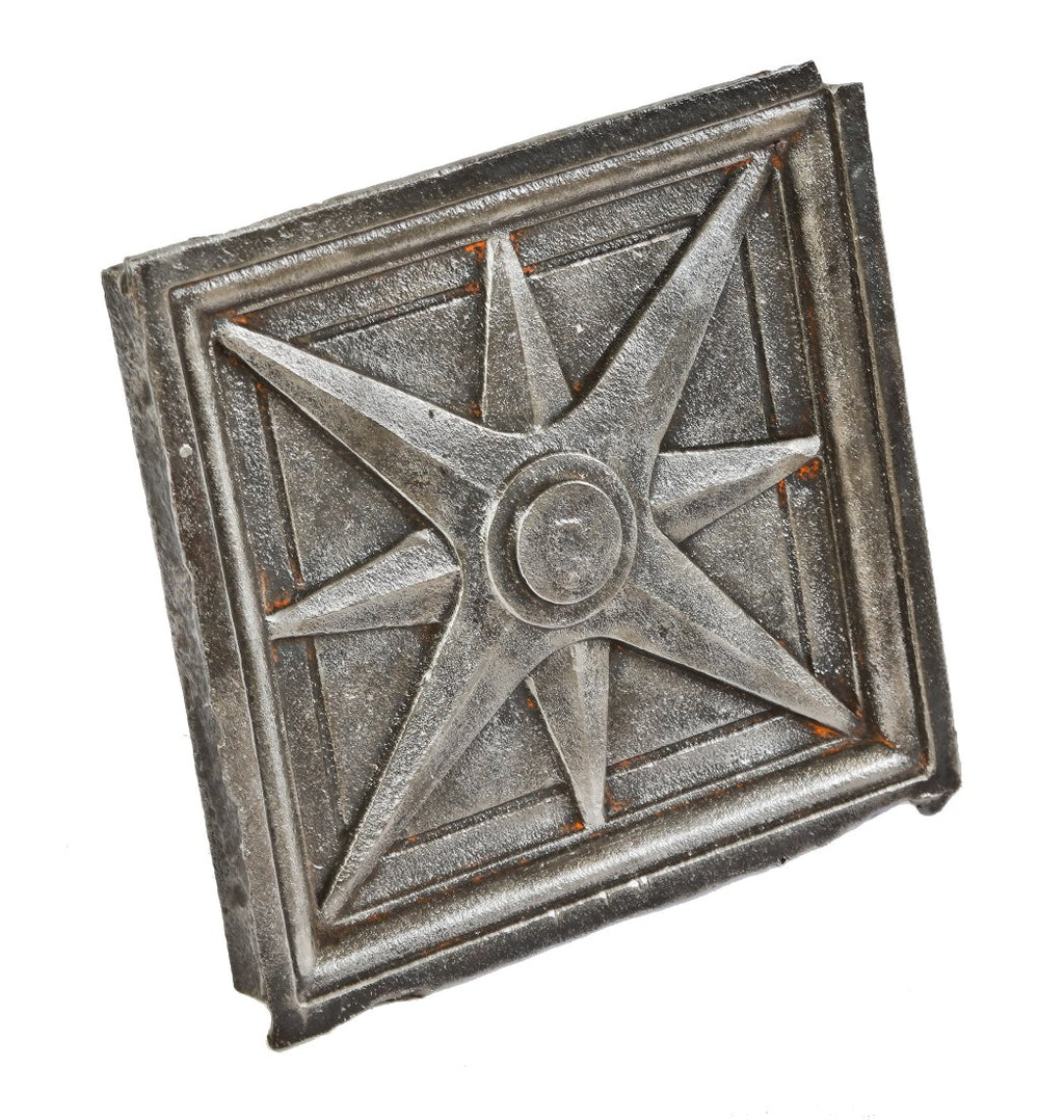 early 1920's double-sided ornamental cast iron double-sided historic division street sidewalk railing baluster panel with geometric 8-pointed compass rose motif