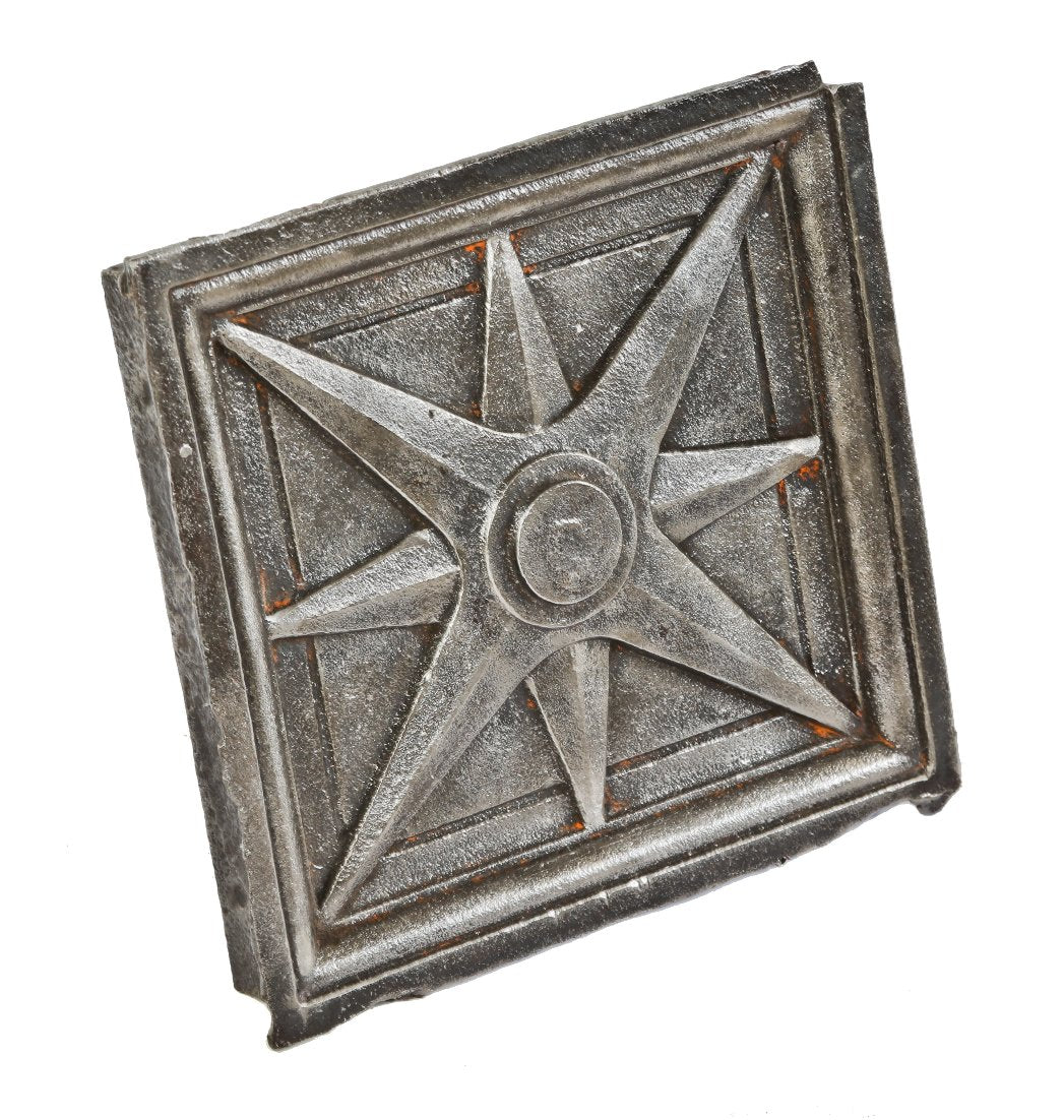 early 1920's double-sided ornamental cast iron double-sided historic division street sidewalk railing baluster panel with geometric 8-pointed compass rose motif