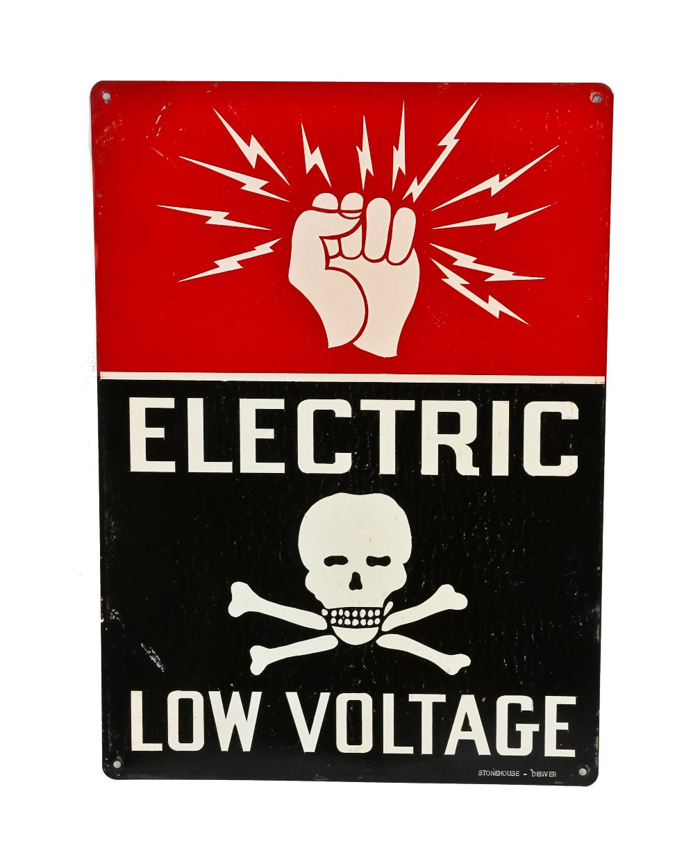 visually striking c. 1940's original and vibrantly colored single-sided stamped steel "low voltage" cautionary or danger sign with skull & crossbones