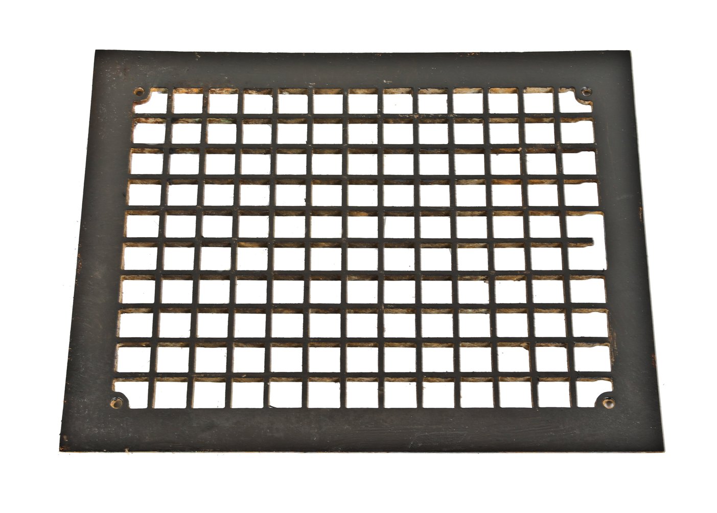 original early 20th century american craftsman style black enameled gridded cast iron interior residential floor register or grate with four screw holes