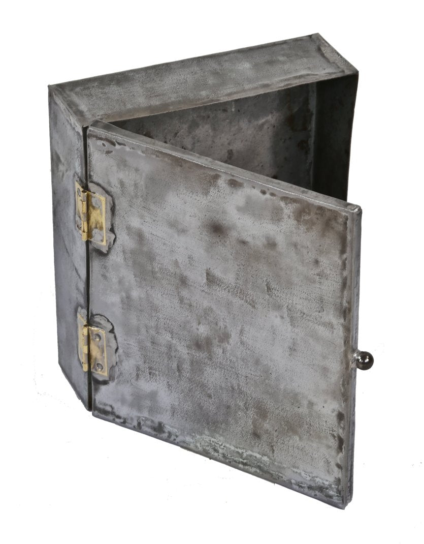 unique early 20th century custom-built refinished pressed and folded galvanized sheet steel fully enclosed storage compartment with soldered joint bass hinges