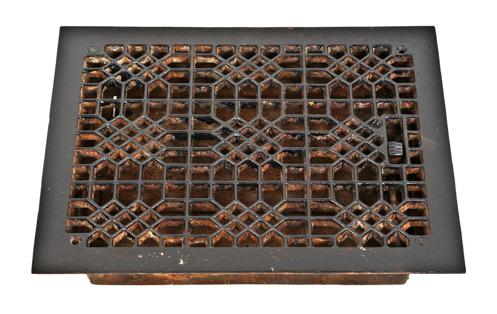 c. 1895-1903 original antique american ornamental cast iron "indian lattice" pattern interior residential black painted louvered heat register