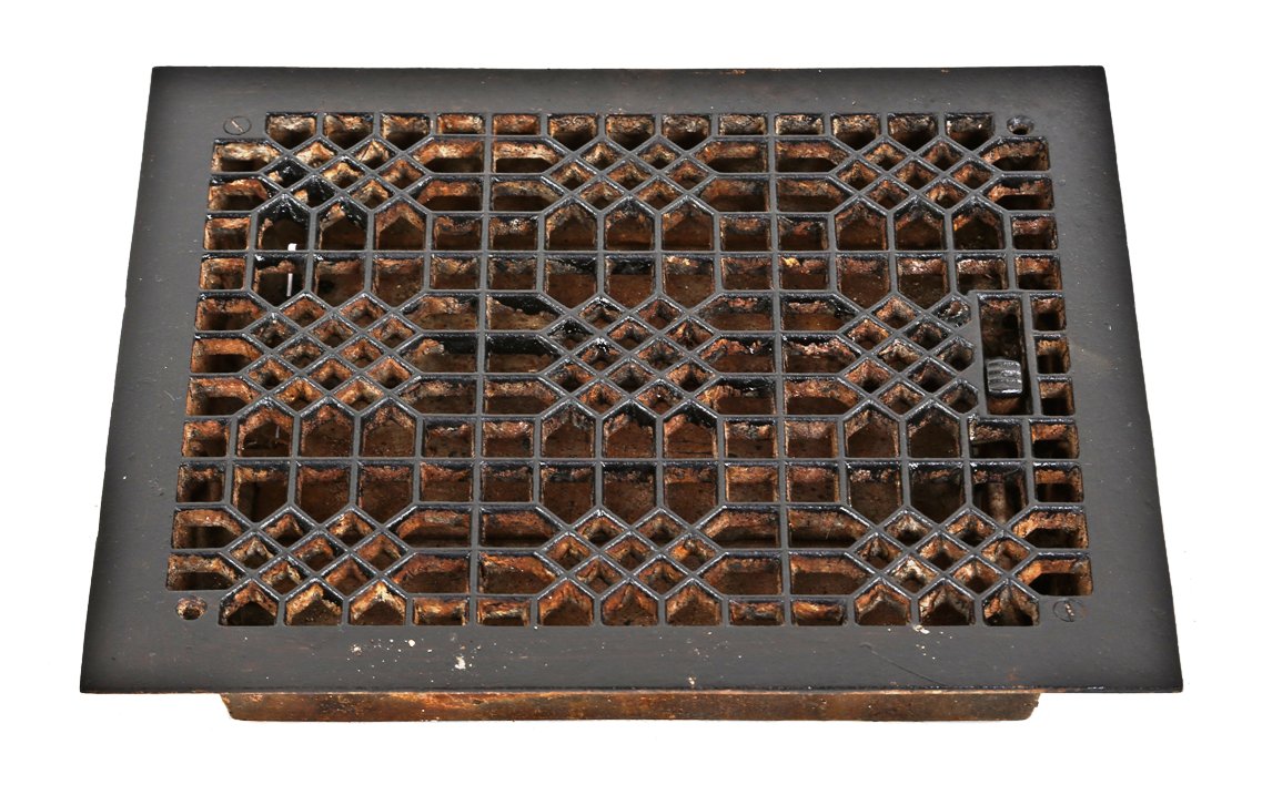 c. 1895-1903 original antique american ornamental cast iron "indian lattice" pattern interior residential black painted louvered heat register