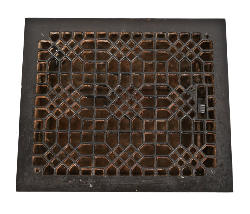 fully functional original antique american ornamental cast iron "indian lattice" pattern interior residential louvered floor register with black painted finish