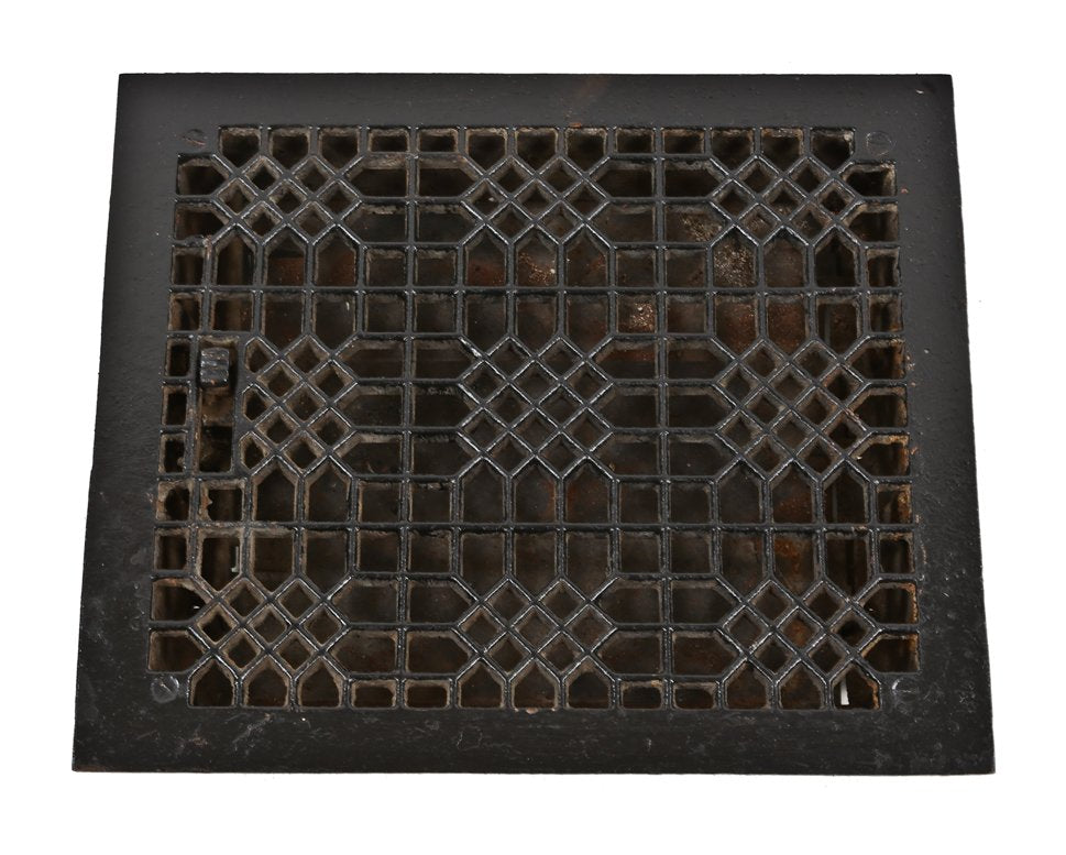 completely intact american antique victorian era black enameled interior residential "indian lattice" pattern cast iron heat register or grate