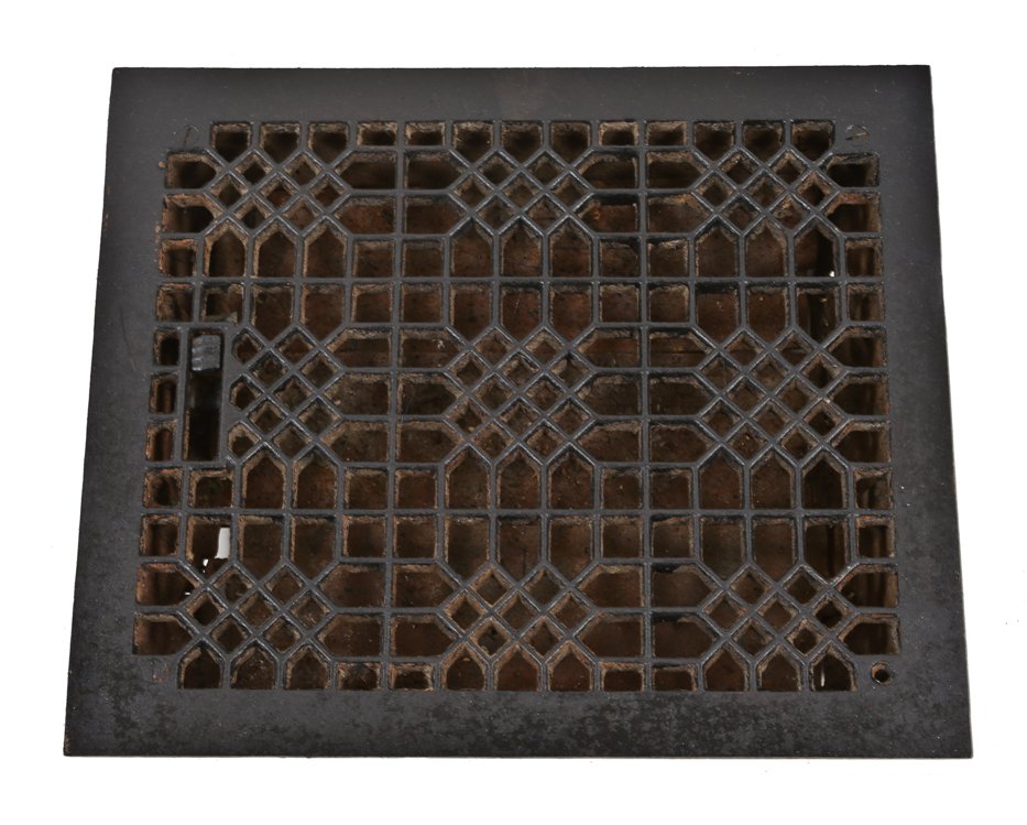 ornamental black enameled cast iron interior residential "indian lattice" pattern interior residential louvered register from a chicago graystone