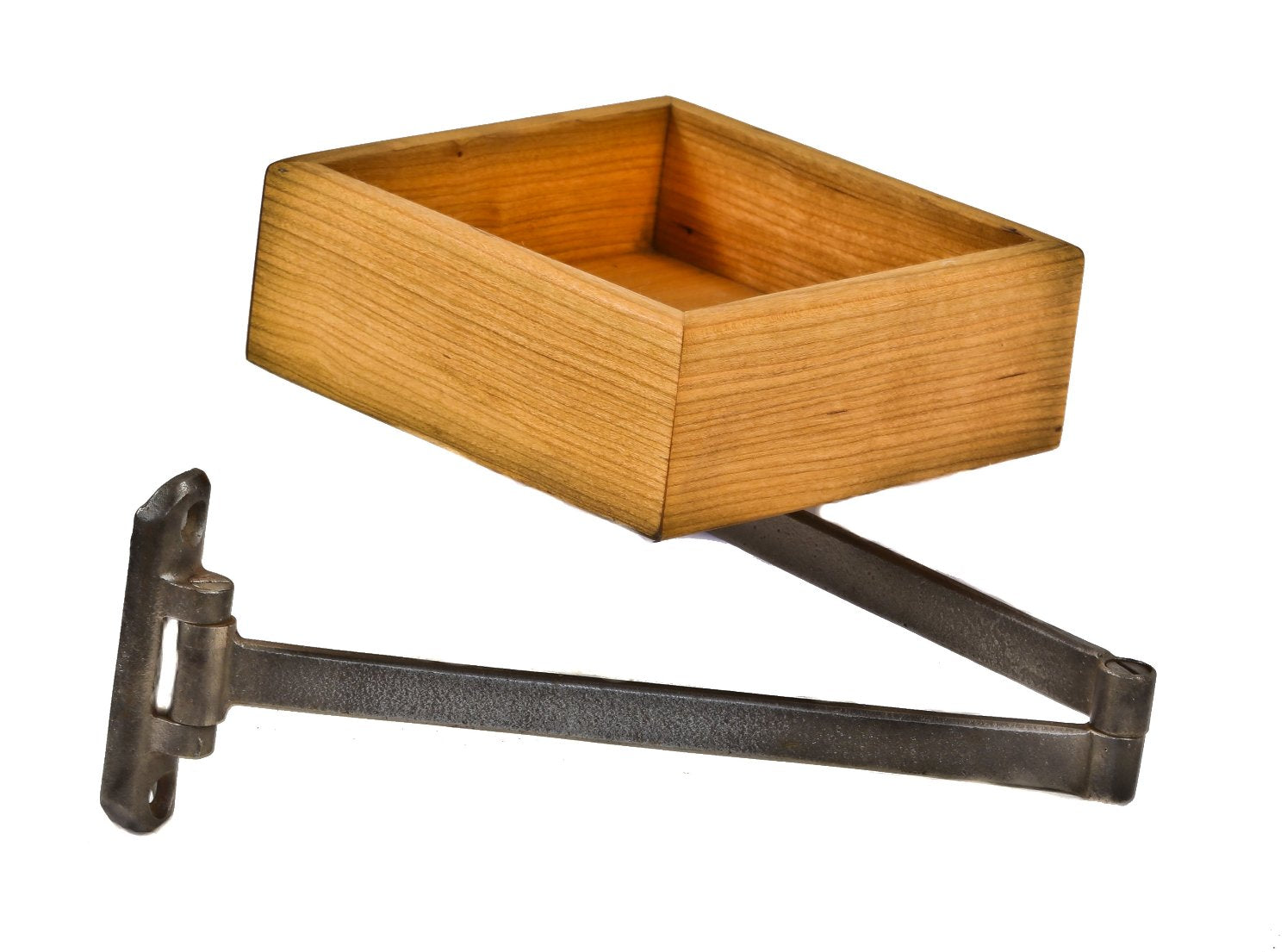 repurposed antique american industrial cast iron swinging double-arm bracket with a newly added solid cherry wood diminutive compartment