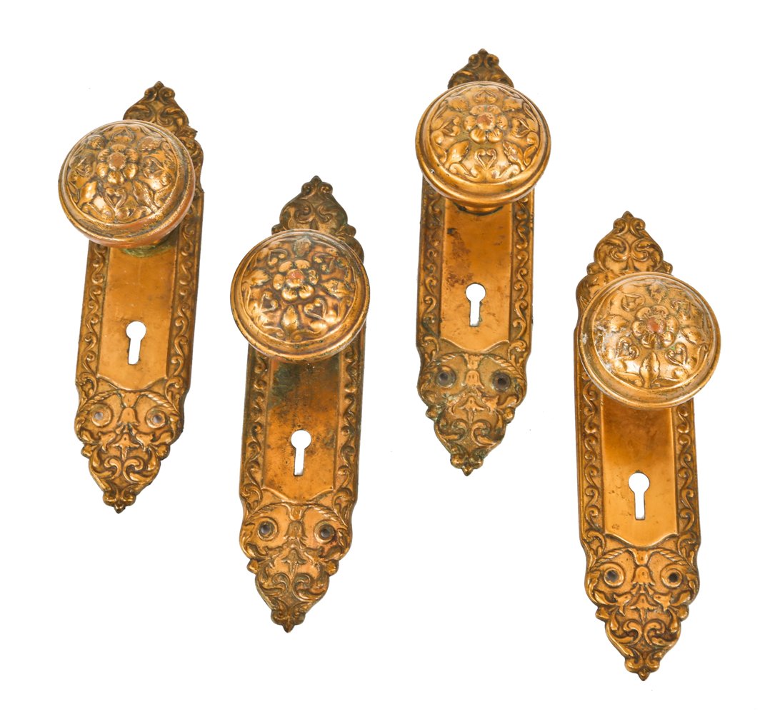 lot of matching early 20th century ornamental wrought brass "mura" pattern chicago apartment building passage door hardware