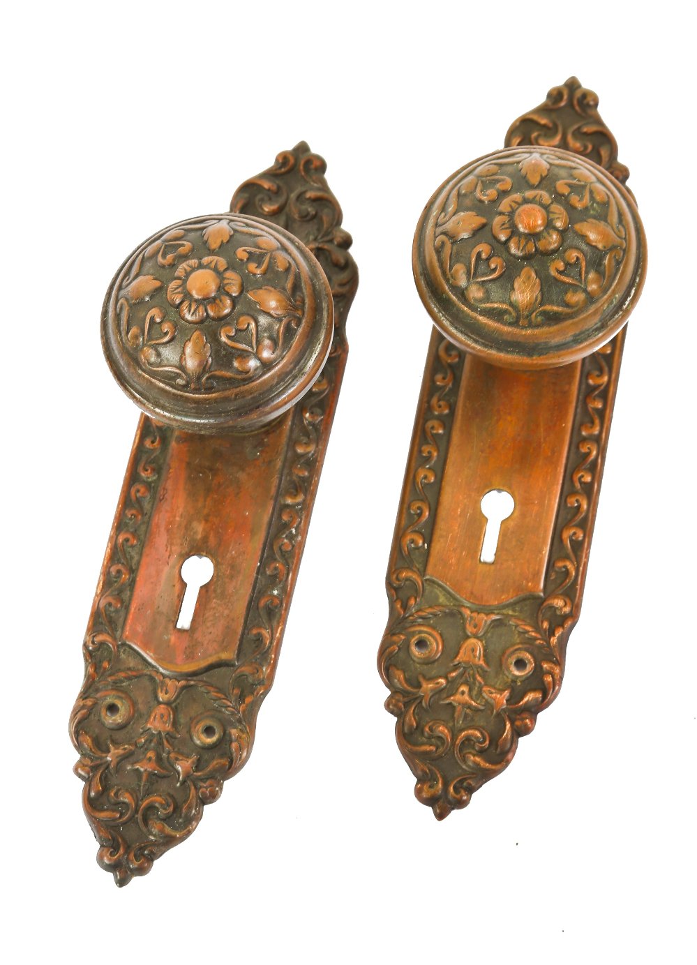 matching set of original c. 1900's antique american ornamental wrought brass "mura" pattern chicago apartment building door hardware