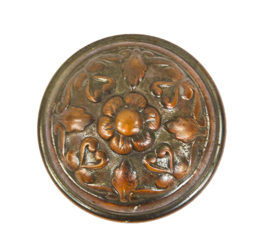original early 20th century patinated wrought ornamental brass metal "mura" pattern interior residential chicago apartment building passage size doorknob