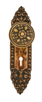 "mura" pattern antique american interior residential ornamental wrought brass passage door escutcheon or backplate and matching banded rim doorknob