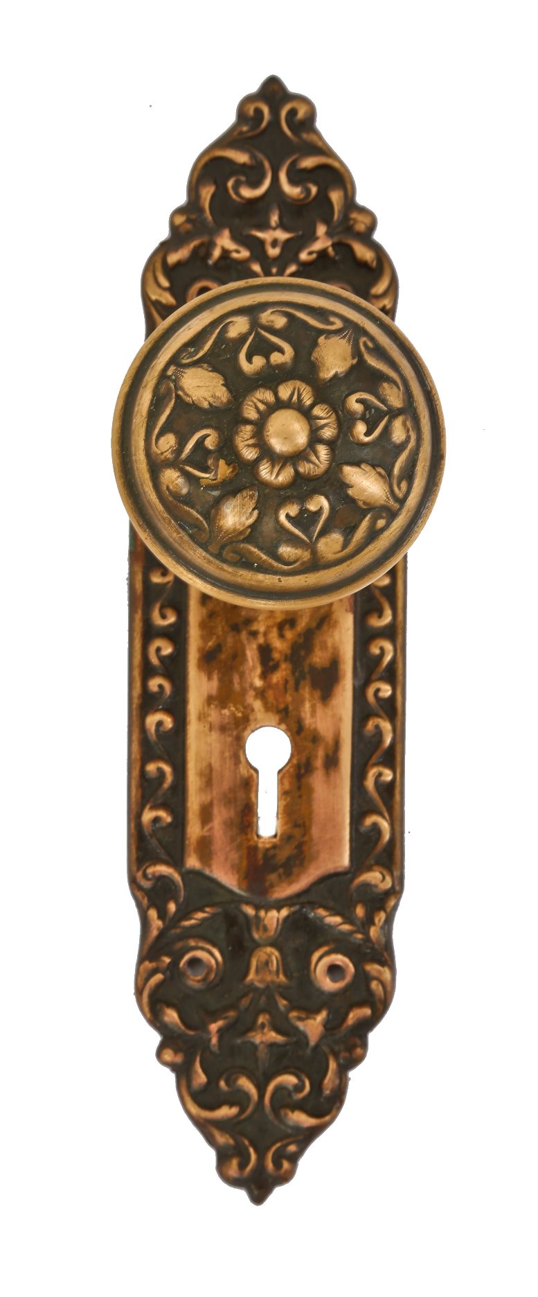 "mura" pattern antique american interior residential ornamental wrought brass passage door escutcheon or backplate and matching banded rim doorknob