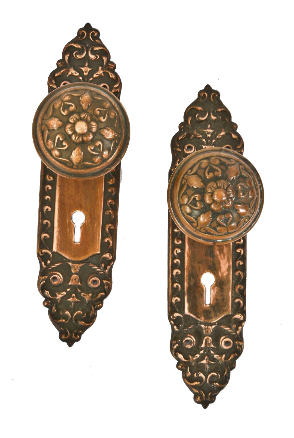complete set of matching "mura" pattern interior residential c. 1900's ornamental wrought brass passage door backplates and doorknobs