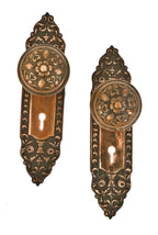 complete set of matching "mura" pattern interior residential c. 1900's ornamental wrought brass passage door backplates and doorknobs