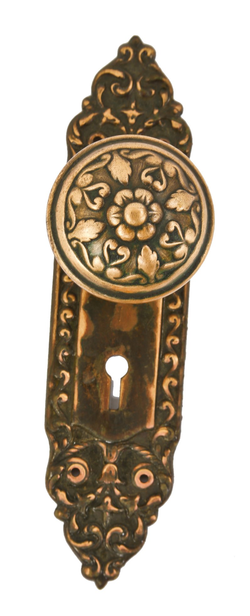 c. 1900's original nicely aged ornamental wrought brass "mura" pattern interior residential chicago apartment building passage door hardware