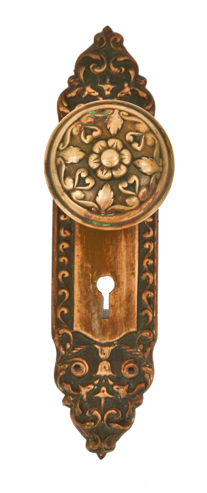 early 20th century original ornamental wrought brass "mura" pattern interior residential chicago apartment building doorknob and matching backplate