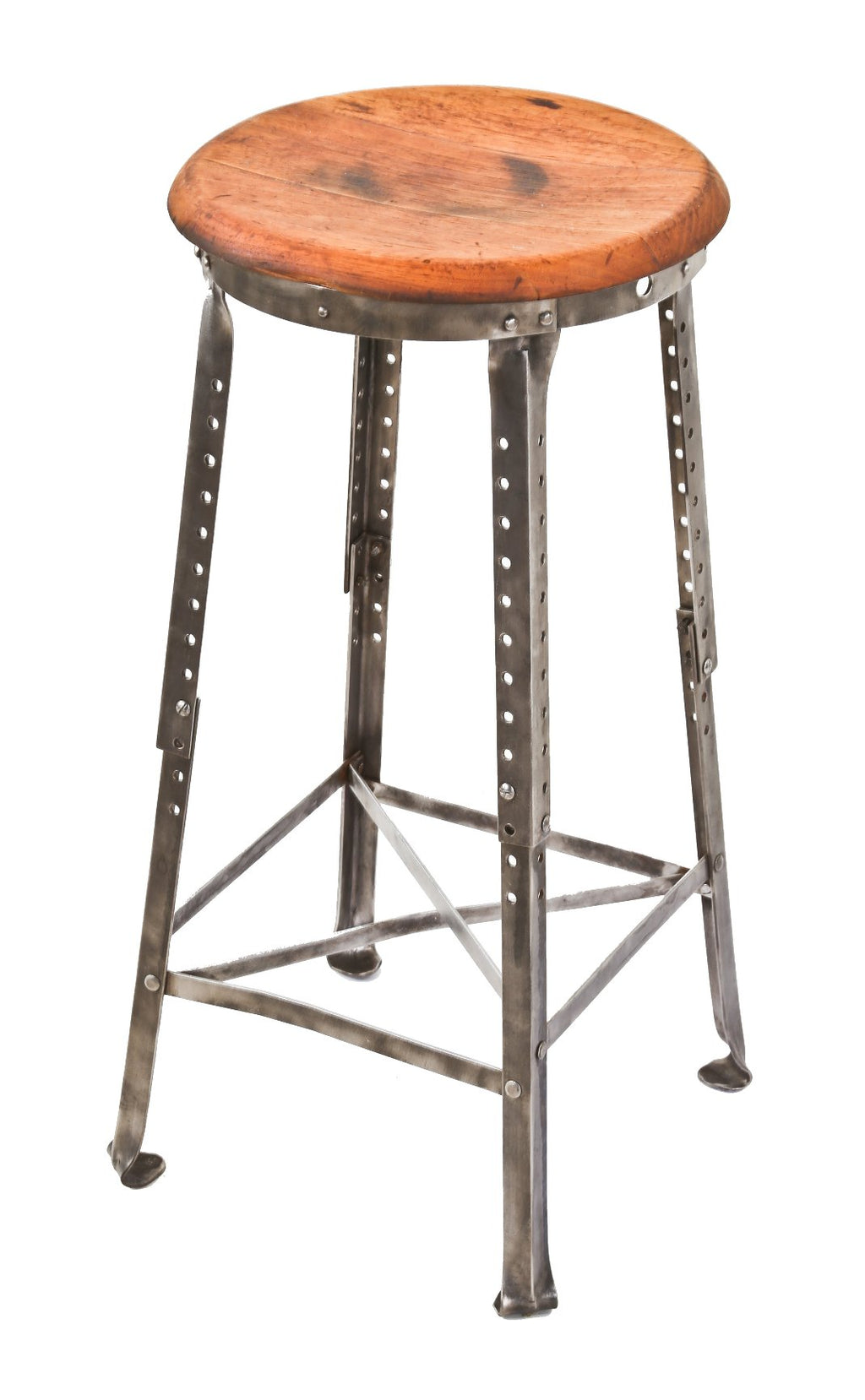 all original early 1920's american antique industrial four-legged adjustable height factory machinist stool with solid oak wood seat and detachable extensions