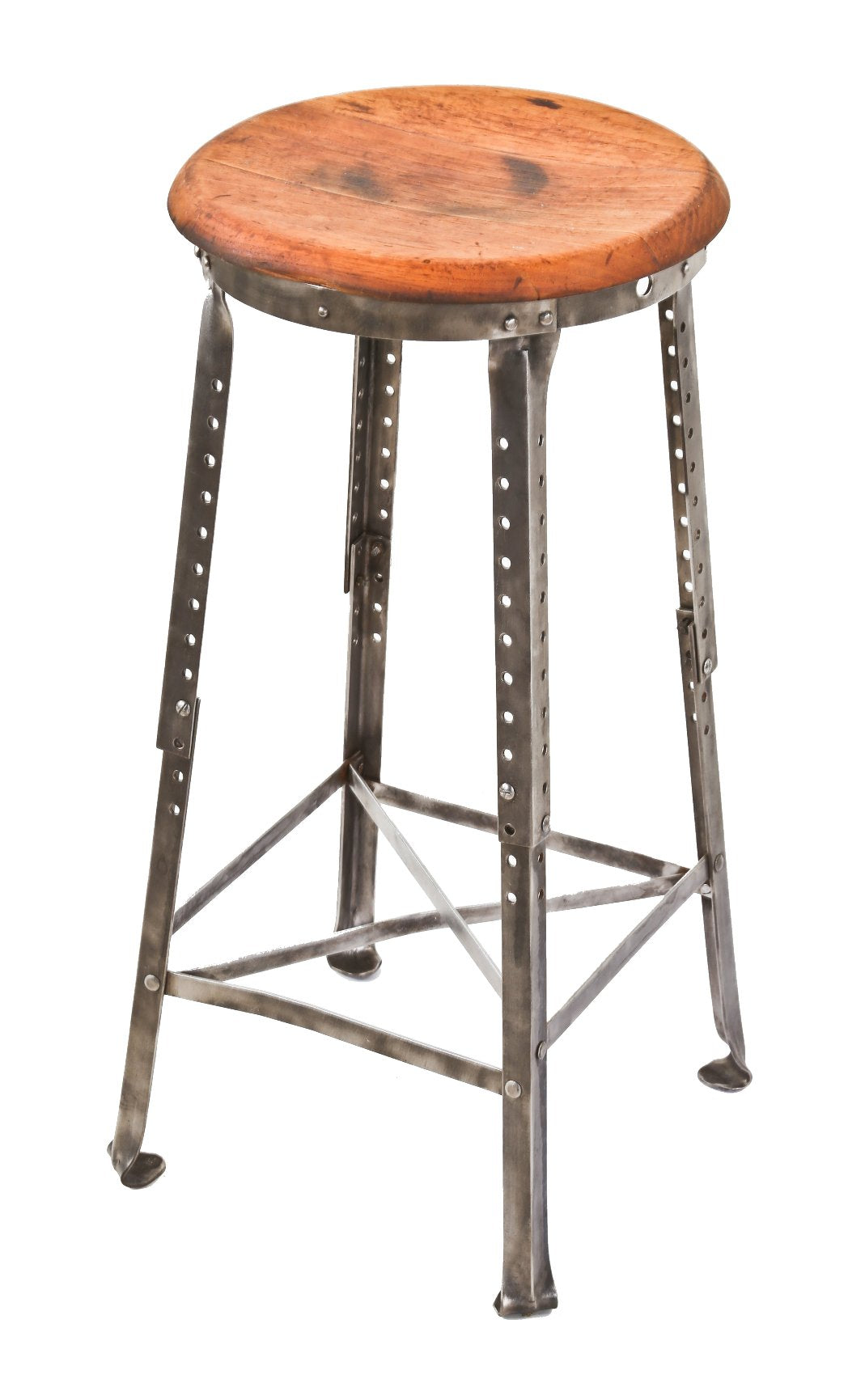 all original early 1920's american antique industrial four-legged adjustable height factory machinist stool with solid oak wood seat and detachable extensions